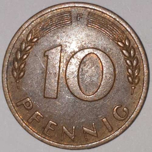 1950 F - 10 PFENNIG - TEN PFENNIG - GERMANY - FEDERAL REPUBLIC - (Brass Clad Steel) KM# 108